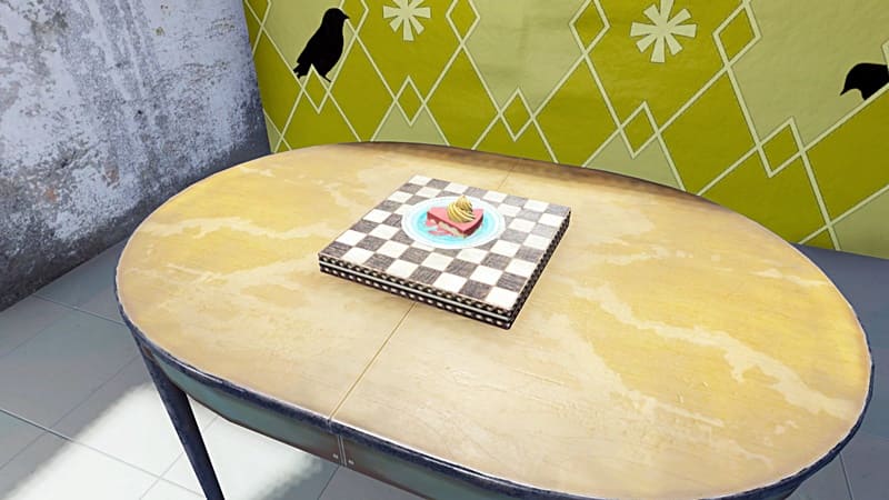 完璧に保存されたパイをチェス盤に配置してテーブルの上に置いてる状態